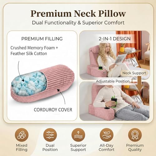 Reading Pillow for Adults, Back Pillow for Bed Sitting Up, Backrest Pillow for Sitting in Bed, Detachable Arms with Built-in Cup & Phone Caddy (Dusty Pink-Corduroy, 19 INCH)