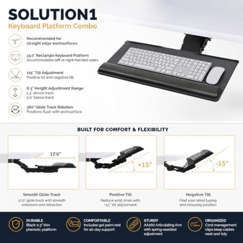 AA260 Articulating Arm PL003-25 Rectangular 25" Platform, Under Desk Ergonomic Keyboard Tray, Adjustable Height, Negative Tilt, 360° Rotation, 17" Glide Track, Keyboard and Mouse Platform, Wrist Rest