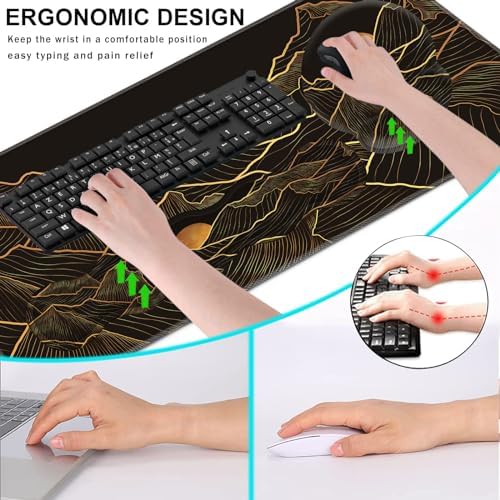 Mouse Pad,Large Pink Desk Mat, 4in1 XXL Mousepad + Keyboard Wrist Rest+Mouse Wrist Rest+Coaster Set with Ergonomic Desk Pad for Home Office Table Computer-Golden Mountain Line Moon Landscape
