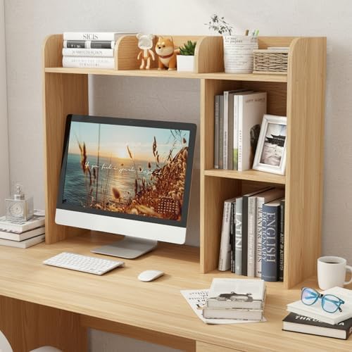 Tangkula Desktop Bookshelf, Countertop Storage Hutch with 5 Shelves for Computer Desk, 3-Tier Display Rack, Multipurpose Wood Storage Organizer for Dorm Office Home