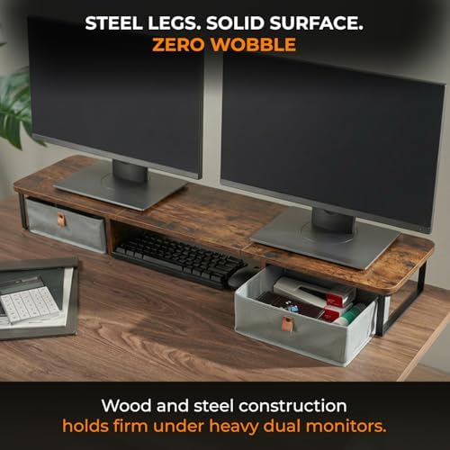 DuoStand Plus - 39” Dual Monitor Riser for Desk with 2 Drawers - Wood & Steel Double Monitor Stand with Storage - Desk Organizer Shelf for Desktop Computer, Laptop, TV & Printer (Rustic Wood)