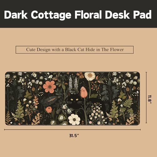 Black Cat Floral Desk Mat Large Mouse Pad for Keyboard and Mouse