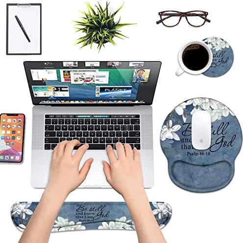 Keyboard Wrist Rest and Mouse Pad Wrist Support Set with Coasters, Christian Bible Verse Psalm 46:10 Wrist Mouse Pad with Non-Slip PU Base for Home Office Working Studying Easy Typing & Pain Relief