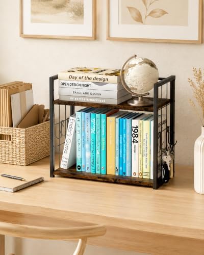 2-Tier Desktop Bookshelf, Desk Shelf Organizer, Rustic Brown