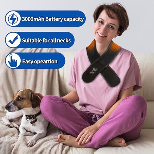 Red Light Cordless Neck Heating Pad with Vibration Massage for Neck Pain Relief, Heat Pad for Neck with 3000mAh Battery, Heated Neck Massager for Soreness Stiffness, 3 Levels Heat & Massage