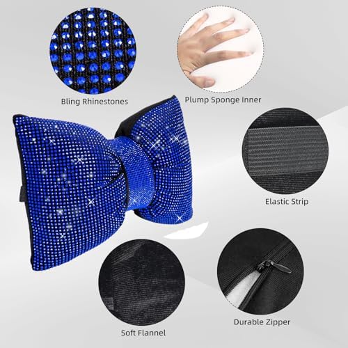 4 PCS Bling Car Pillows,Rhinestones Bowknot Car Headrest Pillow, Blue