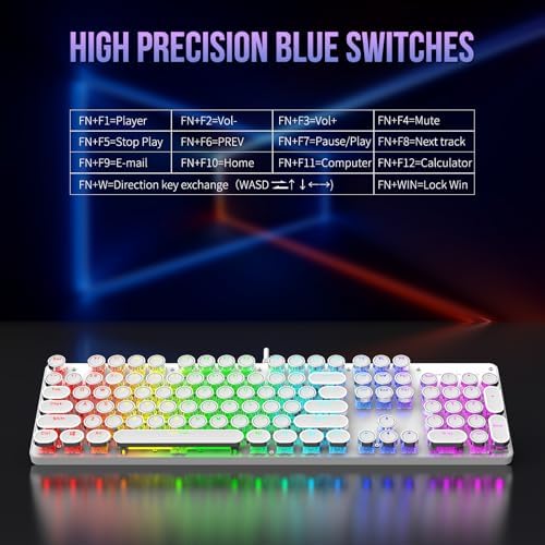 Typewriter Mechanical Gaming Keyboard with RGB Backlit Red Switches, 104 Keys Retro Round Keycap, Wired Typewriter Style Comfortable Typing Soud (R-White)