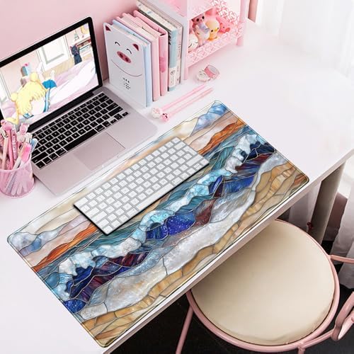 Mountain Sunrise Gaming Mouse Pad Large Desk Mat Extended Mouse and Keyboard Pad, Faux Stained Glass Nature Mousepad with Stitched Edge Mouse Desk Pad Computer Mat Soft Aesthetic Decor 31.5 X 15.7 in