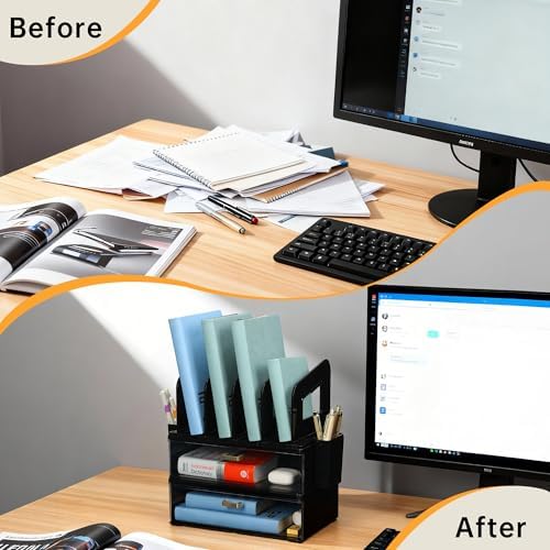 CiWiVOKi Desk Organizer with 4 File Slots and 2 Drawers, Black
