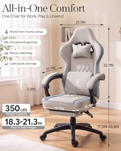 Dowinx Gaming Chair Breathable Fabric Game Chair with Gel Pad and Storage Bag, Comfortable Gamer Chair with Pocket Spring Cushion,Ergonomic Computer Chair with Footrest,Grey