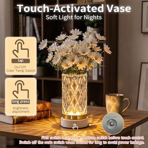 Crystal Table Lamp, Portable LED Bedside Lamp Touch Control, 3 Color Modes Dimmable, USB Rechargeable Night Light, Water Cup Design for Bedroom Living Room Home Decor