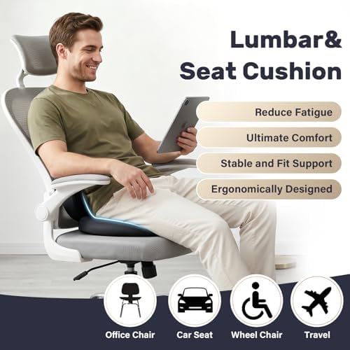 Coverado Memory Foam Car Seat Cushion and Lumbar Support Pillow for Driving Seat, Ergonomic Design Soft and Breathable PU Leather, High Density Memory Foam for Neck & Lower Back Pain Relie