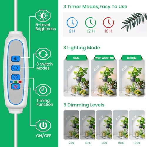 Aokrean 6.3in Grow Lights for Indoor Plants, Full Spectrum with Metal Base