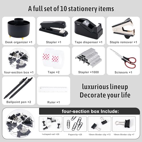 Gawsey Black Desk Organizers and Accessories with Desk Organizer 360° Rotating Pen Holder and Office Supplies, Cute Stationery Supplies Set
