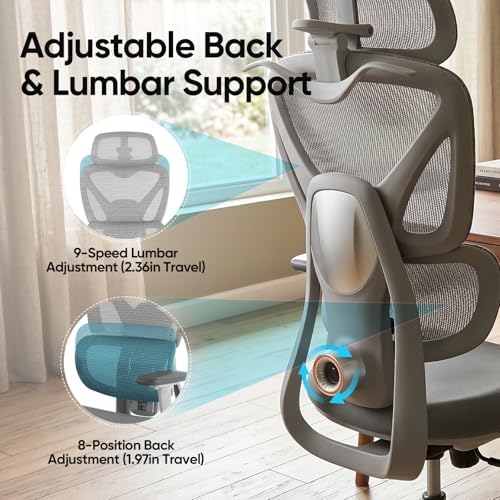 Ergonomic Mesh Office Chair, Desk Chairs with Adjustable Lumbar Support, 4D Flip-up Arms & 3D Headrest, Comfy High Back Breathable Mesh Computer Chair for Home Office, 400lbs (Grey)