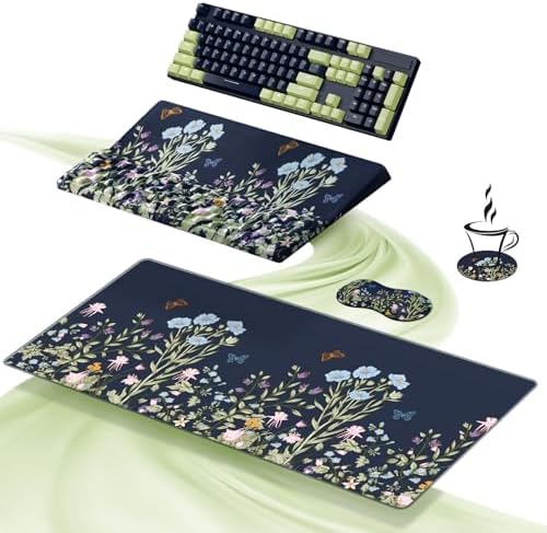 Ospelelf Keyboard Wrist Rest Stand Pad and Ergonomic Mouse Pad Set with Large Mousepad, Memory Foam Comfort, Premium Office Desk Accessories for Pain Relief, Moonlit Blossoms