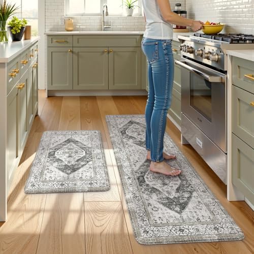 KIMODE Kitchen Mat for Floor Anti Fatigue Cushioned Grey 20"x59"+20"x32"