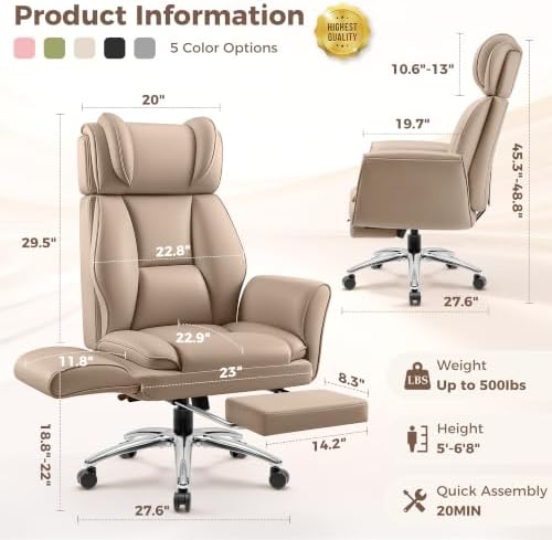 Big and Tall Office Chair, Flip Armrests for Pets & Cross Legged Sitting, Ergonomic Leather Executive Desk Chair with Foot Rest, High-Back Reclining Computer Chairs for Home Office Gaming, Khaki