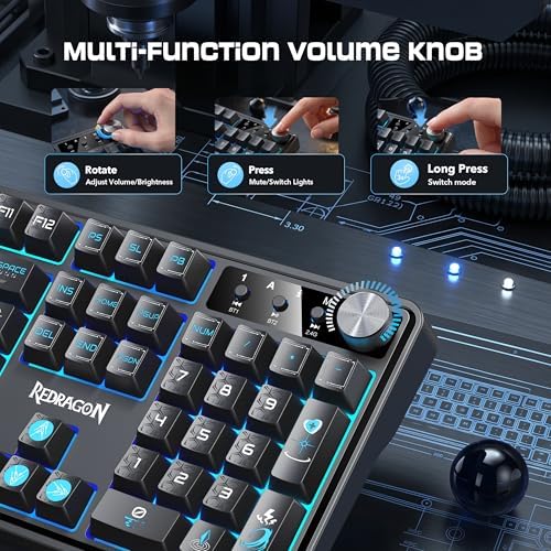 Redragon RM104 Wireless Gaming Keyboard with Knob, Tri-Mode BT/2.4G/USB-C RGB Computer Keyboards, 4000mAh Battery, Programmable Software Support, Anti-Ghosting, Compatible with PC Mac - Black & Blue