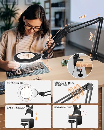Magnifying Glass with Light, 10X/5X Lens, Dimmable, Swing Arm, White