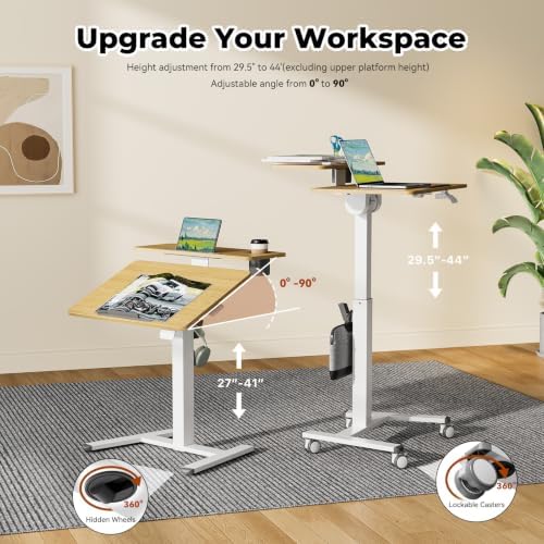 28" Mobile Standing Desk, Tiltable Top with 2-Tier Shelves, Maple