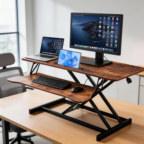 37 Inch Standing Desk Converter, Height Adjustable Desktop Standing Desk, Stand Up Riser Compatibles with 2 Computer, Stand Up Converter Laptop Workstation to 18.8" Tall, Black