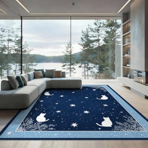 9'x12' Midnight Blue Cat Starry Design Washable Area Rug