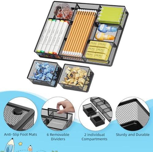 Marbrasse 3 Packs Desk Drawer Organizers, Metal Mesh Dividers Desk Drawer Organizer Tray with 9 Adjustable Compartments, Pen Organizer for Drawer Tray Box Accessories for Desktop,Kitchen, Makeup