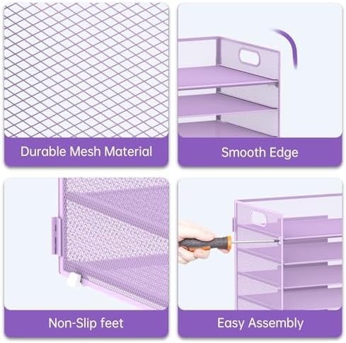 7 Tier Paper Organizer for Desk with Mesh Letter Trays and Handle Purple
