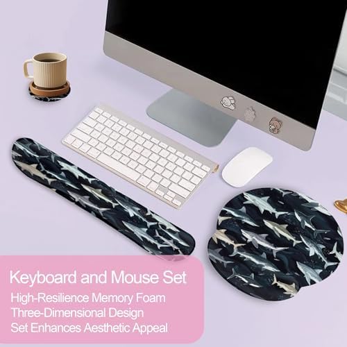 Cute Shark Keyboard Wrist Rest Pad Mouse Pad Set,Ergonomic Mousepad Wrist Support Memory Foam Desk Pad for Gaming Office,Non-Slip Rubber Base Easy Typing for Home Office Computers