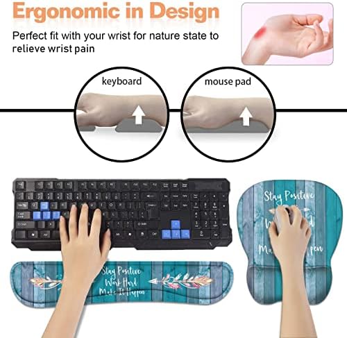 Mouse Pad Wrist Support and Keyboard Wrist Rest Set with Coasters, Stay Positive Work Hard and Make It Happen Inspirational Quote Non-Slip PU Base Ergonomic Mousepad for Home Office Working Studying