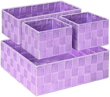 Posprica Woven Storage Baskets for Organizing, Small Black Baskets Cube Bin Container Tote Organizer Divider for Drawer, Closet, Shelf, Dresser, Set of 4(Purple)
