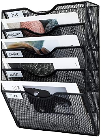PAG-Mass Hanging Wall File Holder Mail Organizer Wall Mount Document Letter Rack, 5-Tier, Black