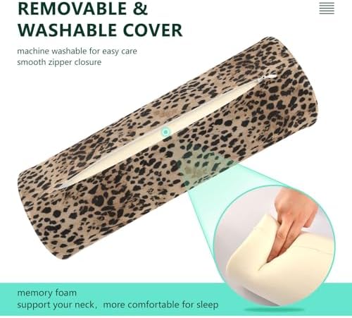 Leopard Texture Neck Roll Pillow - Extra Dense Memory Foam Round Cylinder Bolster for Cervical Support, Spondylosis, Neck Pain Relief