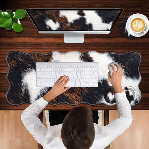 Mouse Pad with Wrist Support + Desk Mat + Coaster 3 in 1 Set, XL Large Gaming Mousepad Ergonomic Mouse Pads for Desk Computer Laptop Office,Cute Cowhide Brown Black Cow