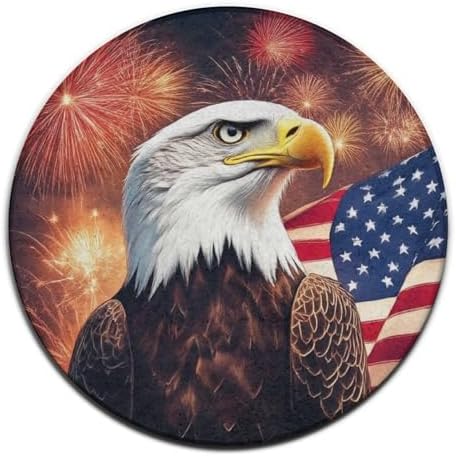 Machine Washable Modern Round Area Rug, Room Sofa Yoga Soft Round Carpet, Home Decor Non Slip Kitchen Office Circle Rug Bald Eagle American Flag Fireworks Art, 24inch