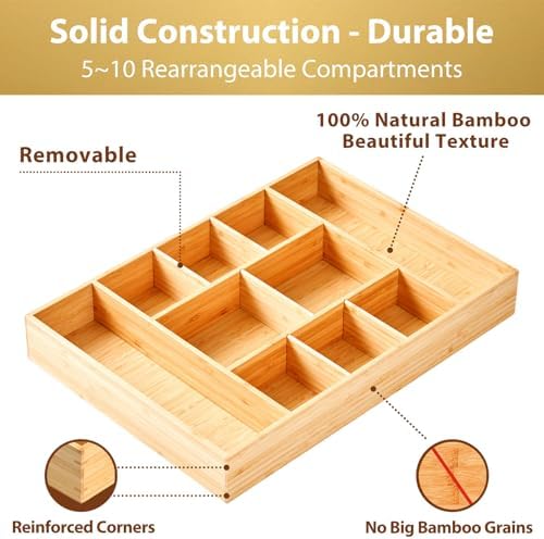 Umilife Extra Large Bamboo Desk Drawer Organizer, Wood Junk Organizer Tray with Adjustable Dividers, Anti-Skip Storage Organization in Office Bathroom Drawer for Vanity, Makeup, 17" x 12"