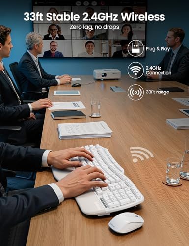 White Ergonomic Wireless Keyboard and Mouse Combo, 2.4G Full Size Ergo Wave Key Board with Cushioned Plam Rest, Natural Typing, 3 DPI Adjustable Silent Mouse for Computer/Laptop/Windows/Mac - Sablute