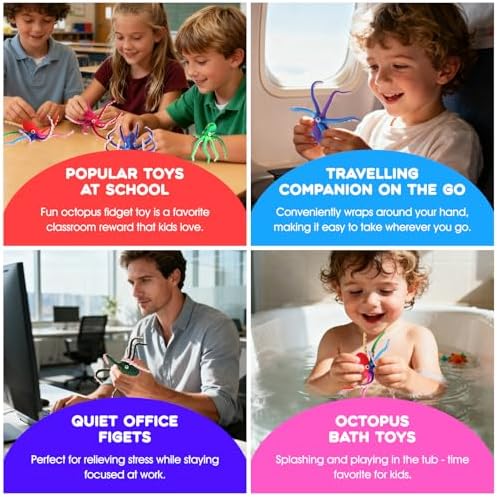 Octopus Fidget Toy with Suction Cups – Silicone Stress Relief and Sensory Play Desk Toy, Bendable Tentacles for Creative Poses, Portable Gift for Kids, Teens and Adults (1 Pc-Rainbow)