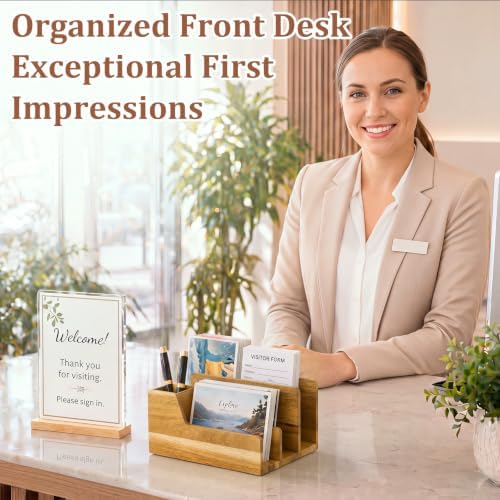Novabright Acacia Wood Desk Organizer with Pen Holder, 4 Slot Mail Sorter