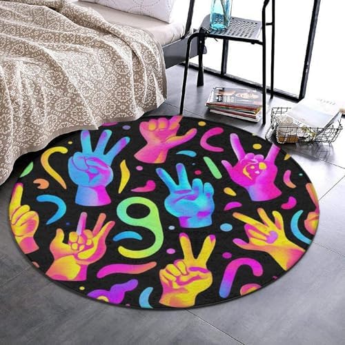 Large Home Decor Mat, Soft Round Yoga Carpet, Non Slip Machine Washable Kitchen Office Circle Rug Trippy Neon Hands