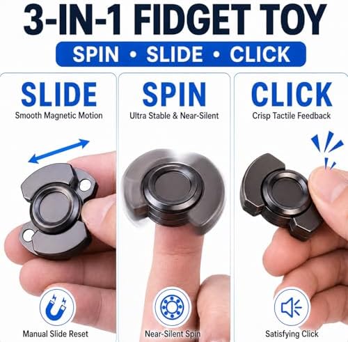 3-in-1 Fidget Toys - Spinner, Slider, Clicker- Metal Toy for Kids Adults