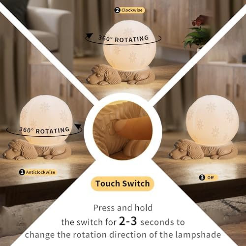 Cute Dog Table Lamp, Rechargeable Battery Powered Bedside Lamp, 3 Color Temperature Dimmable Cordless Lamp, USB C Charging Touch Lamp for Bedroom, Nightstand, Nursery