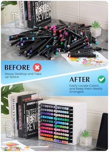 Bamboo Marker Organizer for Desk, Marker Storage Organizer for 140 Markers，Pens, Pencils and Art Brushes，Wooden marker holder for Home, Classroom and Office Decor, White