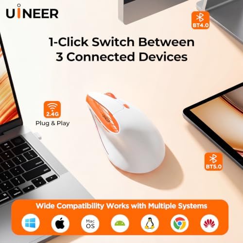 Uineer Ergonomic Vertical Mouse, Tri-Mode Wireless, Rechargeable, 4 DPI