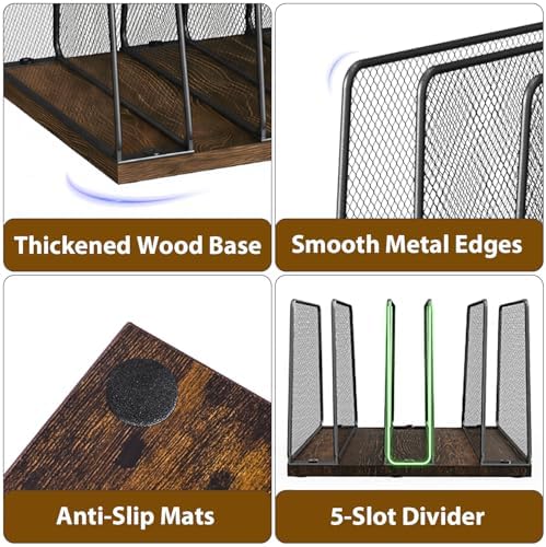 LEKETREE Desk File Organizer, 5-Section Upright File Sorter, Vertical File Folder Holder, Mesh Metal Wood Office Desktop Organization for Document, Magazine, Books and more (Wood and Black)