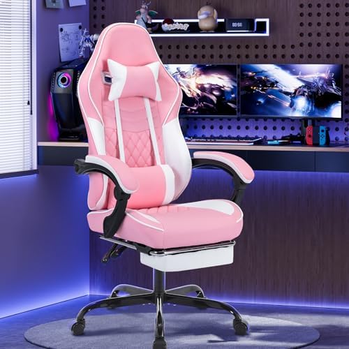Pink Ergonomic Gaming Chair for Adults with Footrest and Massage