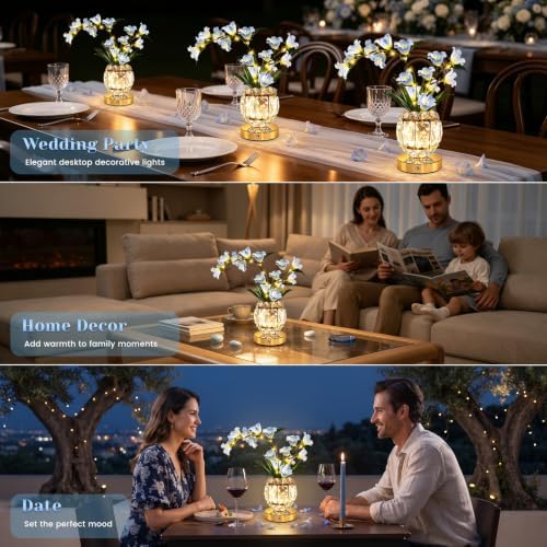 Lily Flower Lamps, Rechargeable Cordless Small Desk Lamp, 3 Colors Dimmable Artificial Flowers Night Light, Fake Bouquet 3 Lilies with Crystal Vase for Home Date Party Decoration (Blue - May Bells)
