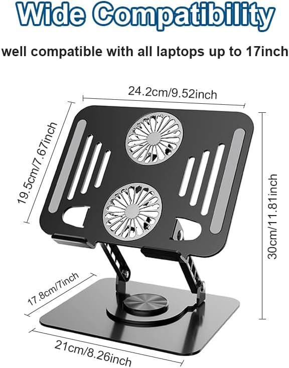 Laptop Cooling Stand with Fan, 360° Rotating Base, Adjustable Height, Portable Notebook Riser for Desk Gaming, Office, Movie Watching & Screen Sharing, Fits Up to 17 Inch Laptops
