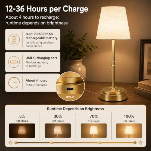 Rechargeable Cordless Table Lamp, Nightstand to End Table,Gold,1 Pack